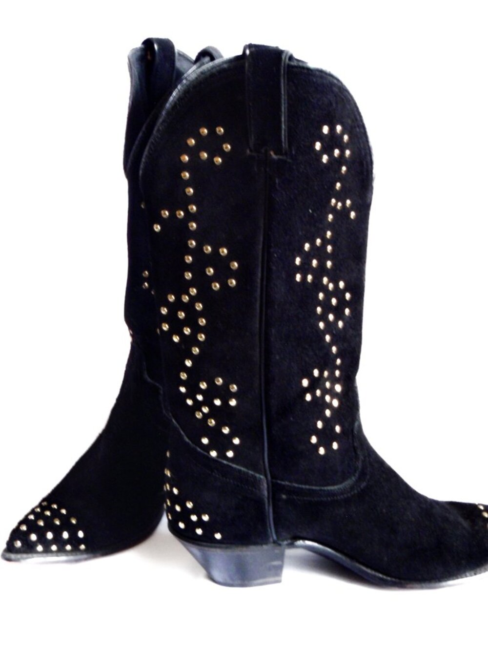 Vtg 90s Black Suede Brass Studded Womens Sexy Witchy Boots 9.5M